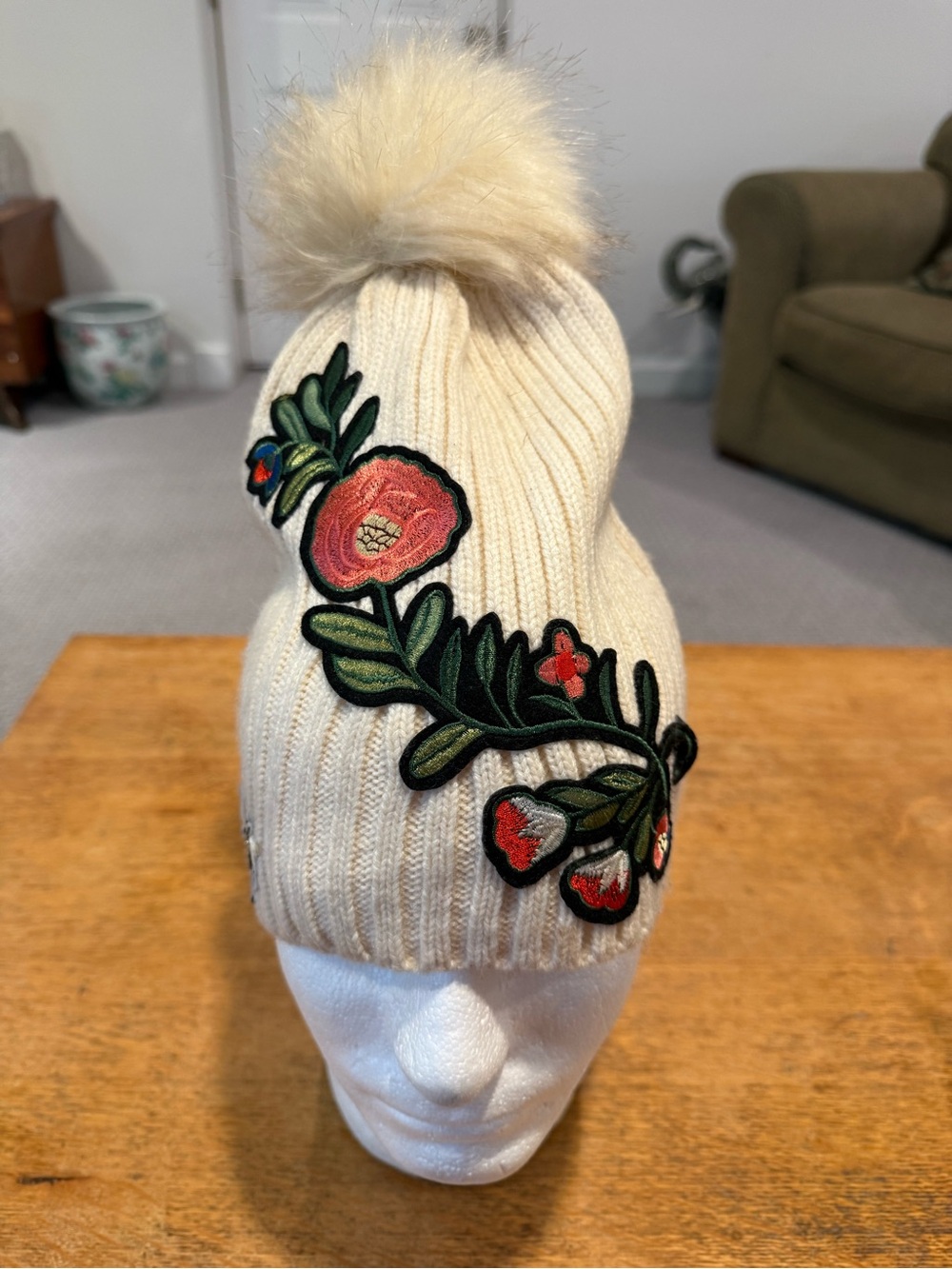 Cream Beanie Hat with Floral and Bee Embroidery